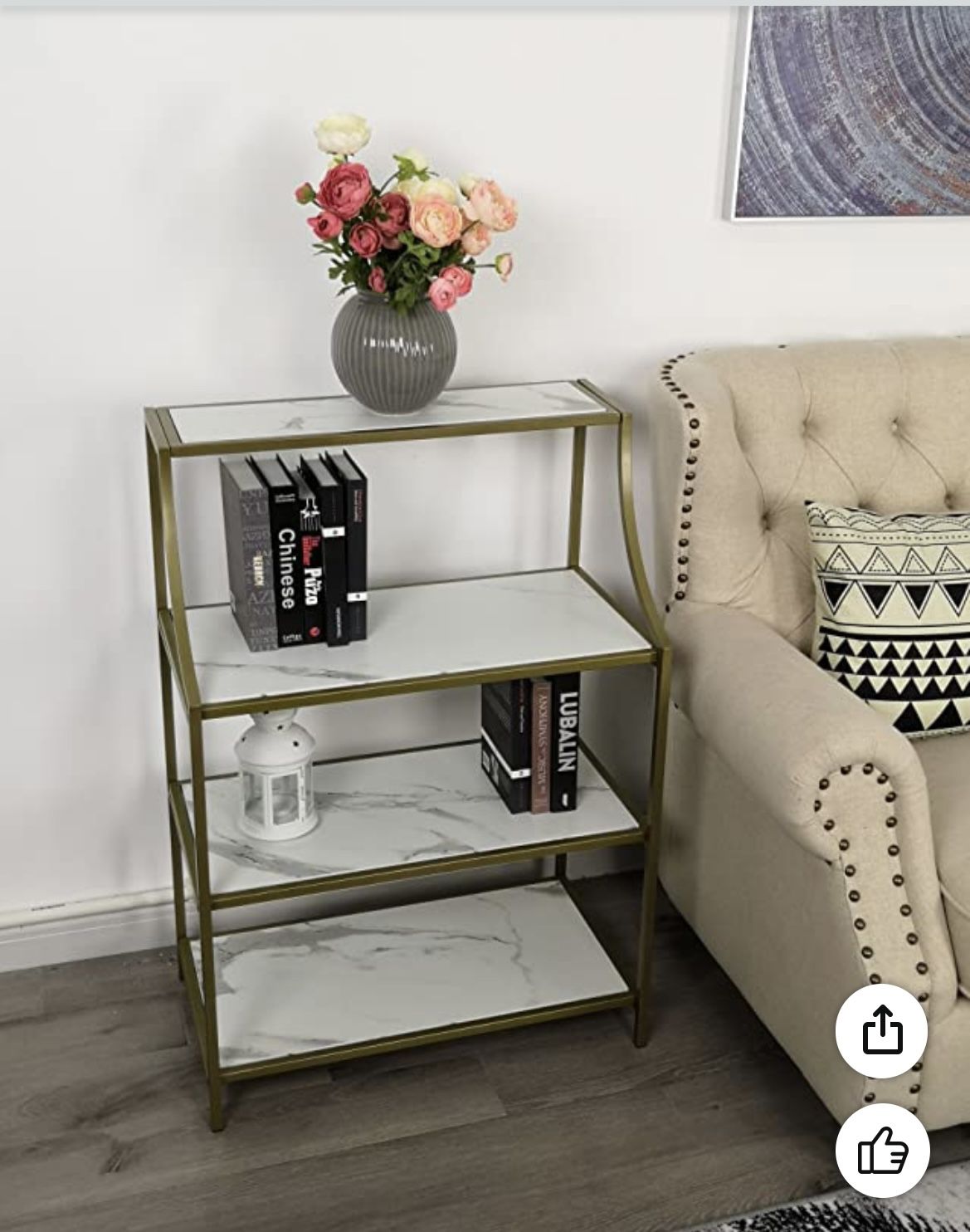 Narrow Console Table, Entryway Table, Gold Metal Frame White Marble Texture MDF Top with 4-Tier Shelving Storage, Modern Sofa Table for Hallway