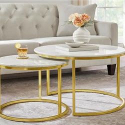 Cheval 2-Piece 31 in. Gold/Marble Medium Round Marble Coffee Table Set