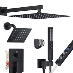 Rain Shower System Matte Black Shower Faucet Set, Dual Rainfall Shower Head Set with 2 in 1 Handheld Spray, Wall Mounted Bathroom 12-inch & 6-inch Squ