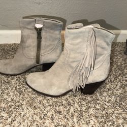 Sam Edelman Louie Western cowboy suede fringe boots booties women's 7.5 Taupe BOHO southwest 2.5” wooden heel. Zip closure.