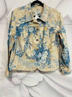 COLDWATER CREEK Tan and blue floral denim jacket L