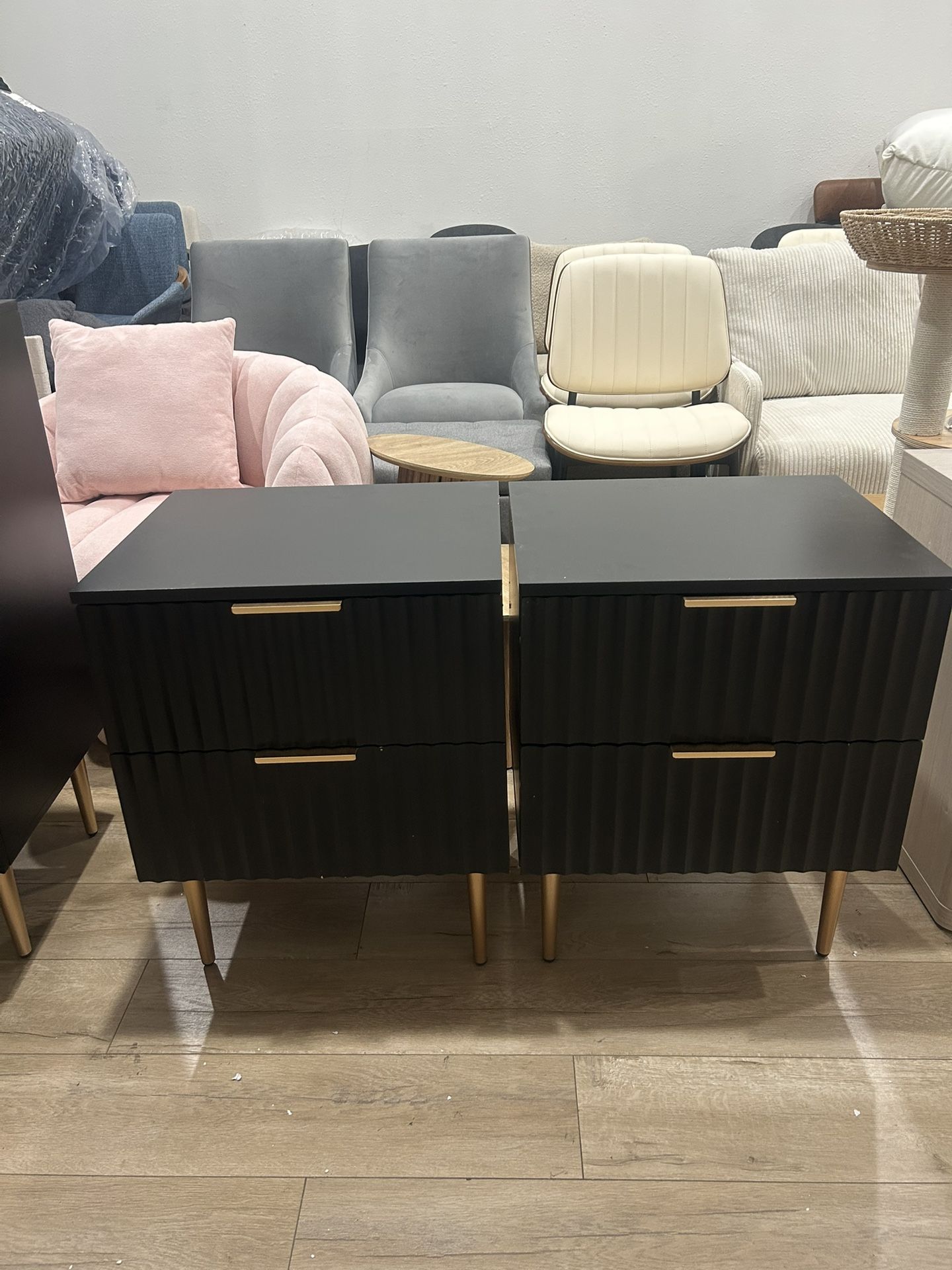 Night Stand Set 2, Fluted Glossy Nightstand with 2 Drawers, Wide Modern Storage Bedside Table for Bedroom, End Side Table with Golden Metal Legs and H