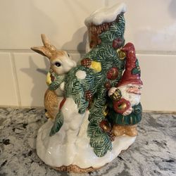 Woodland, fitz and floyd candle holder. Rabbit and gnome elf 1991.