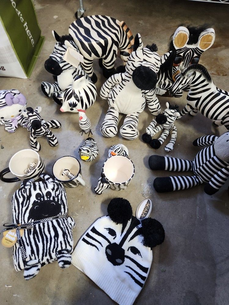 Zebra Stuffed Animal, Cups, Piggy Bank.
