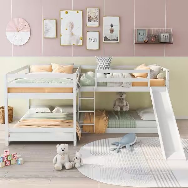 White L-shaped Full and Twin Size Bunk Beds with Slide and Ladder ...