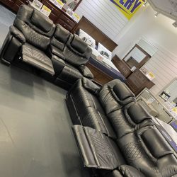 Summer sale event. Santiago black leather reclining sofa and loveseat set now $1199. Easy finance option. Same-day delivery.