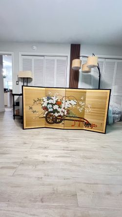 Vintage Japanese Hand-Painted Silk Folding Screen – Hanaguruma (Flower Cart)