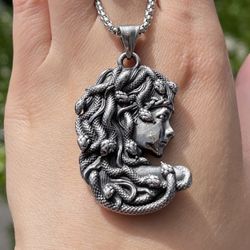 Mens Womens Greek Snake Medusa Head Stainless Steel Pendant Necklace
