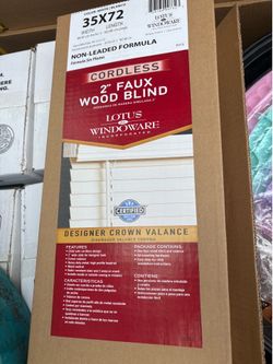 LOTUS & WINDOWARE 2.5-inch Cordless Faux Wood Blind, Plantation Style, 35" Wide x 72" Long, Smooth, Bright White – for Living Room, Bedroom, Interior
