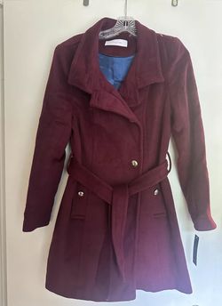 NWT T Tahari Izzy Asymmetrical Trench Coat Wool Blend Mock Neck Burgundy Sz 4