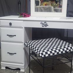 Beautiful Vintage Farmhouse Vanity With Mirror And French Stool. Solid Wood Perfect Condition