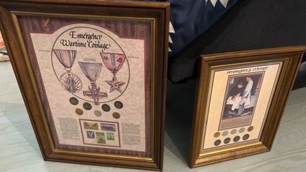 Vintage WWII Emergency Wartime Coinage & Stamp Framed Display Set (2 Framed Pieces)