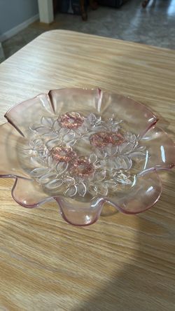 Pink Glass Ruffled Edge Floral Bowl