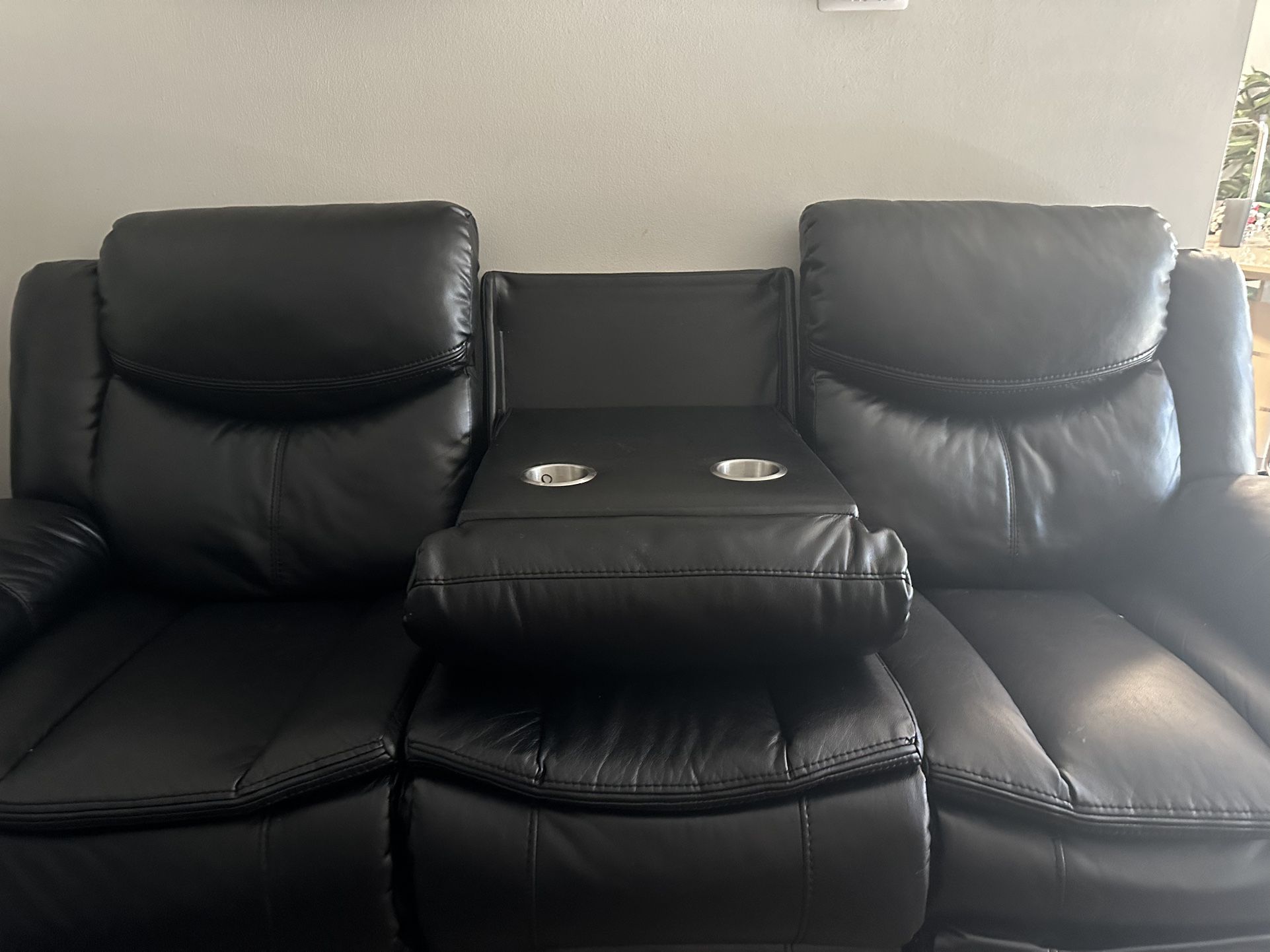 2 Piece Black Leather Recliner Sofa With Blue tooth Speaker