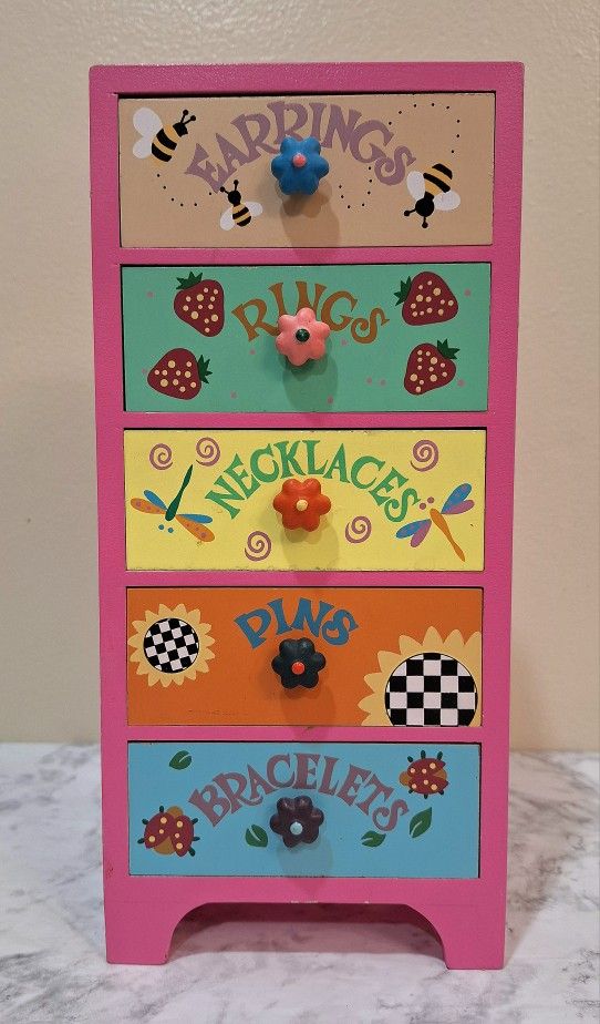 VINTAGE COLORFUL KIDS WOODEN JEWELRY DRESSER BOX
