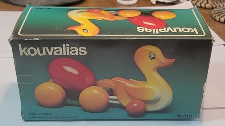 Rare Vintage Kouvalias Wooden Duck & Rolling Egg Pull Along Toy Made In Greece