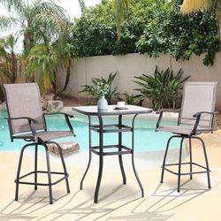 New Heavy Duty Set of 3 Patio Dining Sets Swivel Chairs, All Weather Textilene Mental Swivel Chairs, Set of 2 Chairs and High Glass Bar Table, High To