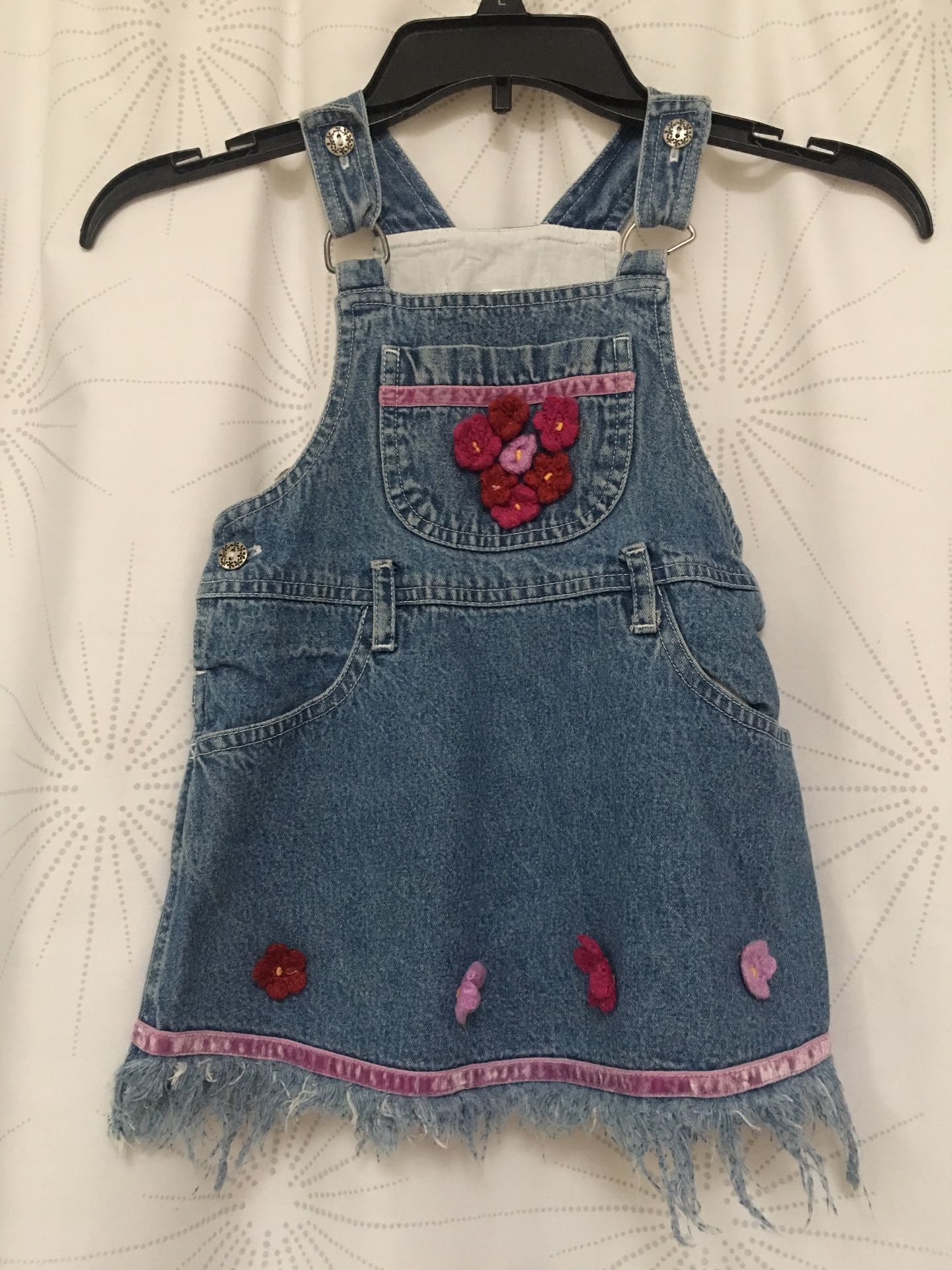 Denim Overall Dress With Flowers, 3T