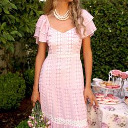 NWT Nordstrom Adelyn Rae Embroidered Eyelet Crochet Ruffle Dress in Fondant Pink