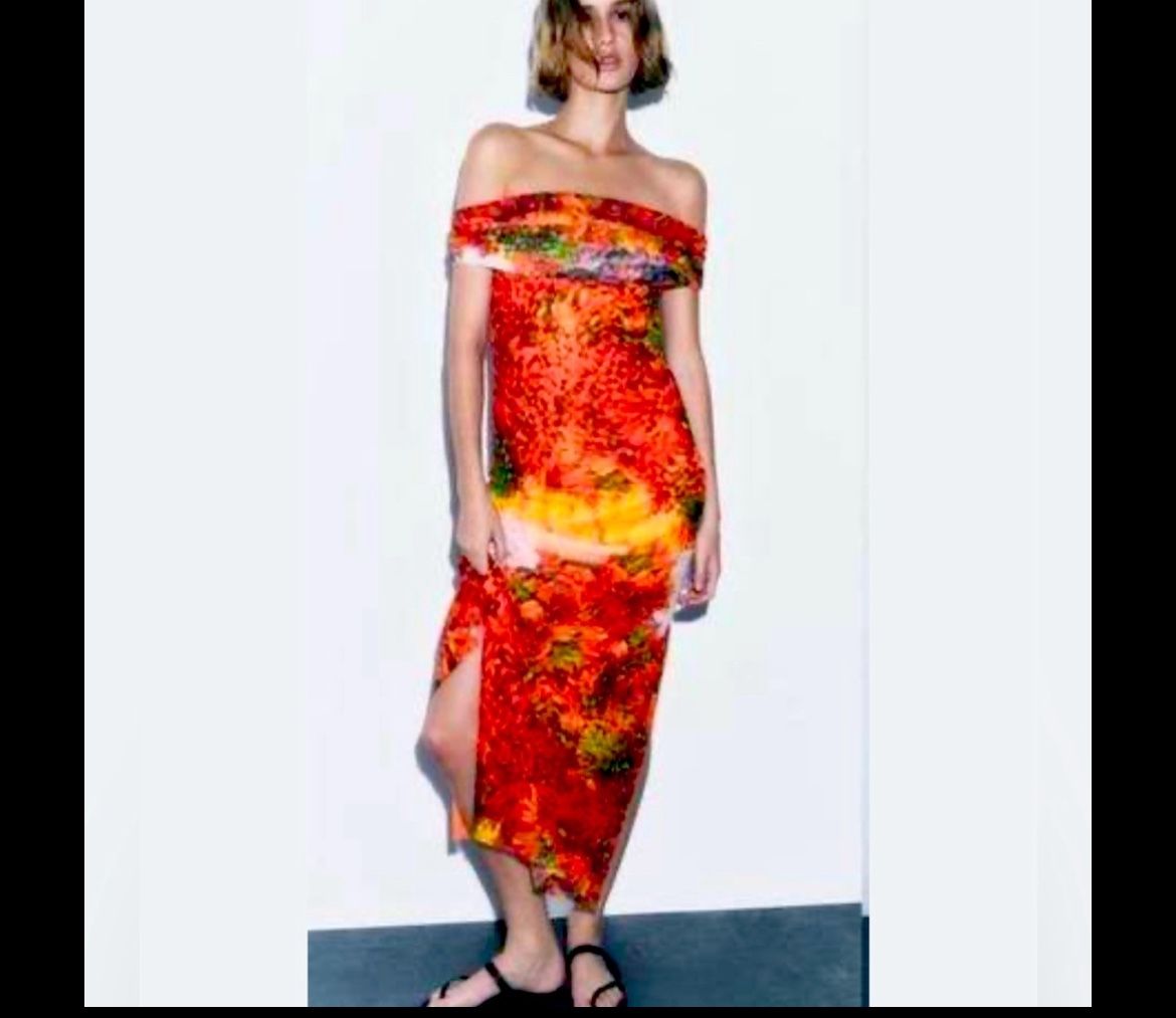 NWT ⚜️🌶️⚜️ ZARA Chile Pepper Print Mesh Off The Shoulder Midi Dress