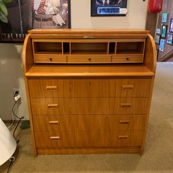MCM Danish Teak Roll Top Desk w/ Key