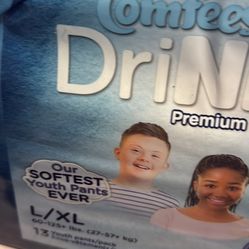  premium youth pants Juniors  12 Packs Of 13 Comfees Drinite L/XL 60 - 125 Lbs Pull Ups $48 12 packs for $48.00 24 packs for $96.00