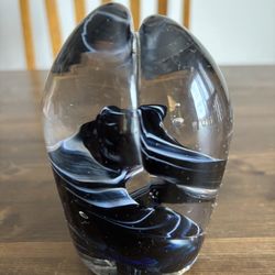 Hand Blown Art Glass Paper Weight Blue Black White Swirls Etched Art By Fire 4”
