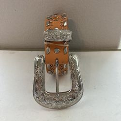 Vintage Kippy’s Swarovski Crystal Sparkling Big Silver Belt, Size 32, Cowgirl/Cowboy Western Orange Leather Belt, Handmade