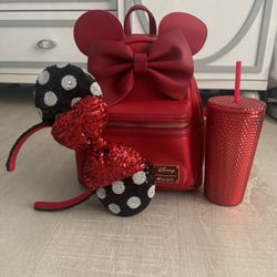 Loungefly disney’s Red Minnie Mouse Faux leather mini backpack with ears set