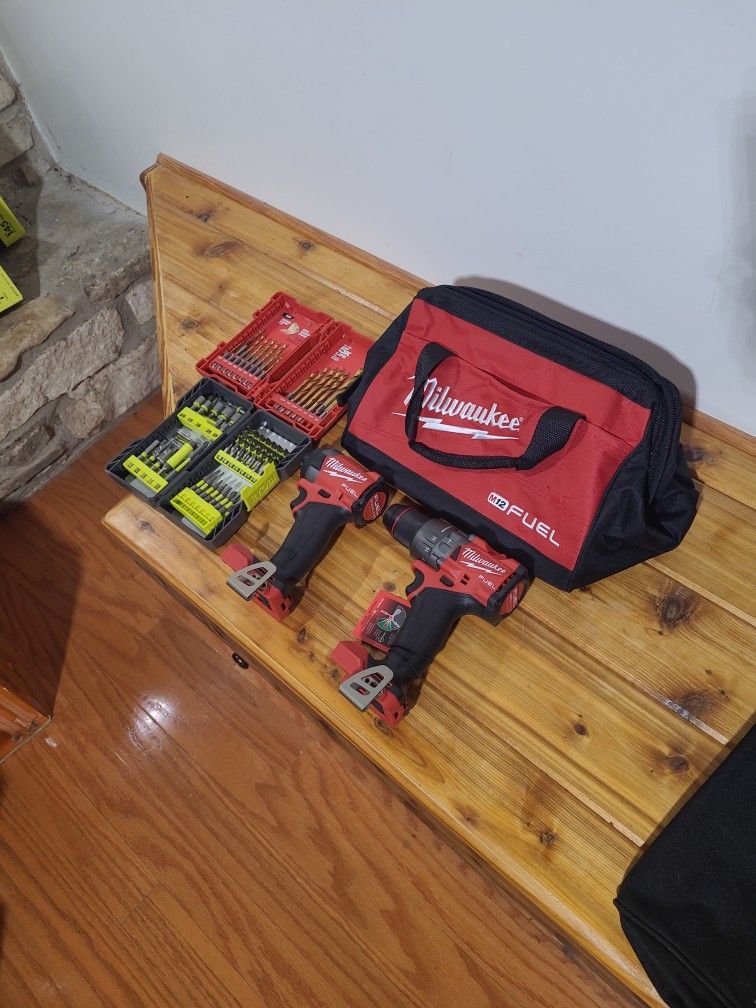 Milwaukee M18 'Fuel' 1/2" Hammer Drill, 1/4" Hex Impact Driver, Bit Sets, Bag