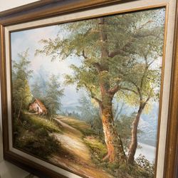Large Framed Landscape Oil Painting – Cottage & Woodland Scene