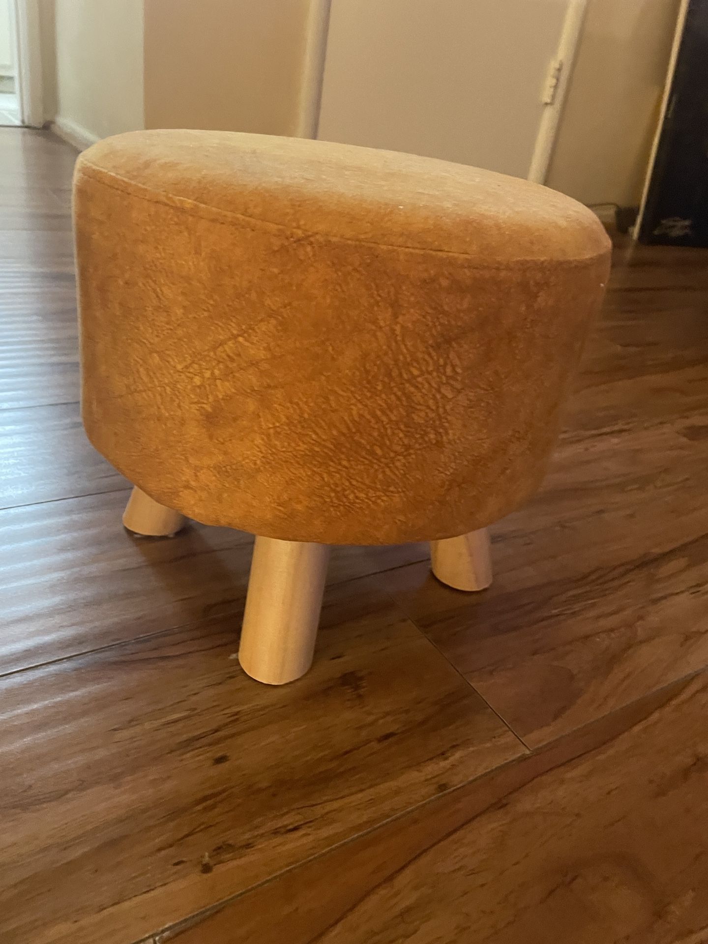 Round Ottoman Fabric Foot Rest Stool Non-Skid Wooden Legs (Orange)