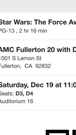 2 Star Wars tickets for tonite 11p amc Fullerton