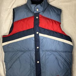 RARE Vintage 70s Camel Puffer Ski Vest Jacket REVERSIBLE Mens XL X-Large Northern Goose Down Feathers Insulation Navy/Light Blue Red White Retro Style