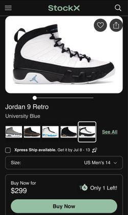 Jordan 9 Retro (university blue) SIZE 12