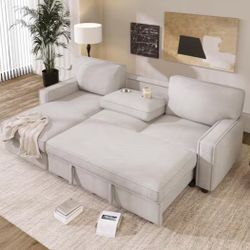 #255ABC Multi-Functional 89 in. Beige Pull-out Twin Size Polyester Sofa Bed with USB Charging, 2 Cup Holders, Hidden Storage