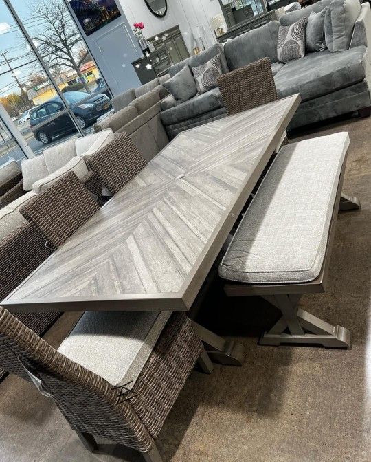 Beachcroft Black/Light Gray Outdoor Dining Table, 4 Chairs And Bench