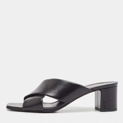 Saint Laurent Black Leather Loulou Cross Strap Block Heel Sandals Size 37