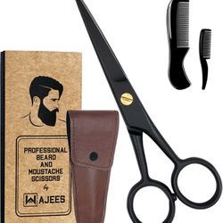 WAJEES Beard Scissors for Men A Complete Set of Grooming Scissors Men, 1 Mustache Comb, & 1 Beard Grooming Comb in a Carrying Pouch Perfect Mustache S