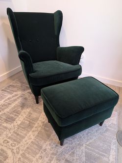 IKEA STRANDMON Wing Chair and Ottoman Set - Dark Green Velvet - $200