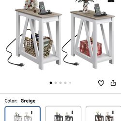 WLIVE End Tables Living Room Set of 2 with Charging Station, Sofa Side Tables with Open Storage Shelf, Slim Farmhouse End Table Sets, Greige