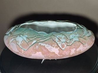 Huge 70s Studio Ceramic Porcelain Egg Vase Carved Mountain Scene Signed Late Tony Evans California