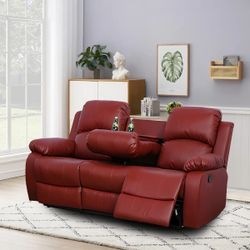Red Reclining Sofa with Storage Console