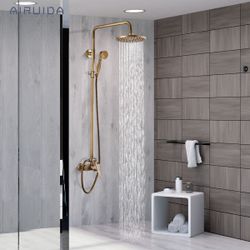 Brushed Nickel Shower Fixture 8 Inch Rain Shower Head Exposed Pipe Shower System Single handle Nickel and gold C60 N
