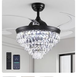 CROSSIO 48" Black Crystal Ceiling Fans with Lights, Luxury Chandelier Fan APP & Remote Control Dimmable Fandelier for Dining Room Living Room Bedroom