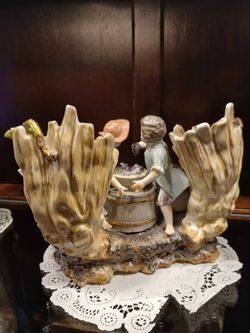 Messein style Porcelian Statue Vase set of 3. Mantel Garniture