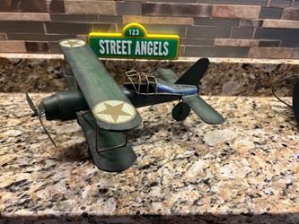 RARE Vintage Green Biplane Gold Accents Metal Home Decor