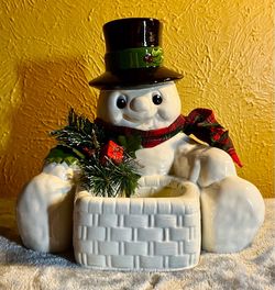 Vintage Ceramic Snowman Christmas Planter & Candy Dish