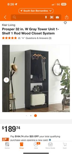 Klair Living Prosper 32 in. W Gray Tower Unit 1-Shelf 1 Rod Wood Closet System