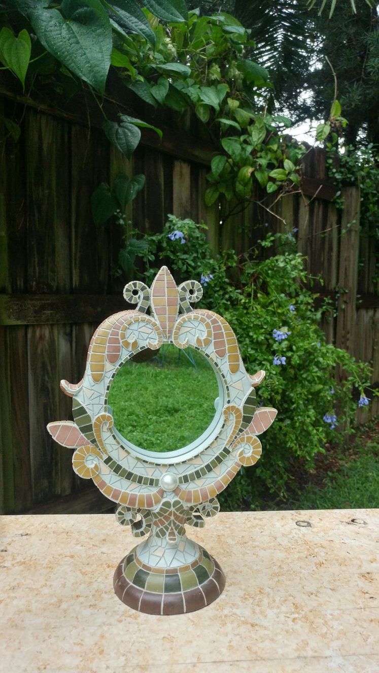 Super Cute Decorative Ceramic Table Top/Dresser Top Mirror 14" H